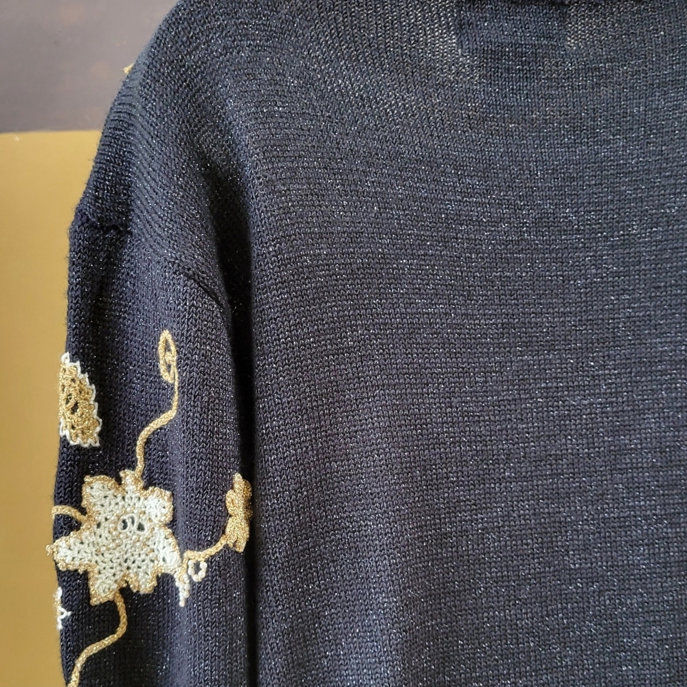 Vintage Beaded Sweater Black Shimmer  Gold Applique Pearl Beads Jocelyn Smith M - Picture 9 of 12